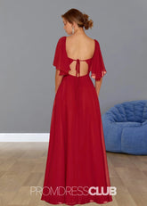 Stephanie | Boho A Line Ruffles Short Sleeve Burgundy Chiffon Long Bridesmaid Dress with Slit - Price #price_variant_lowest# - Burgundy - PromDressClub